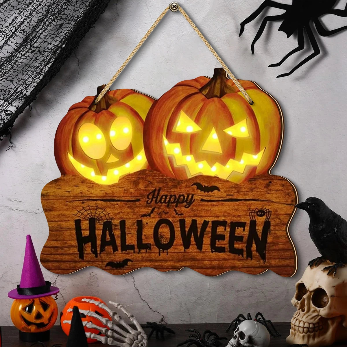 Wooden Halloween Sign - Glowing Jack-O’-Lanterns for Indoor & Outdoor Decor 1