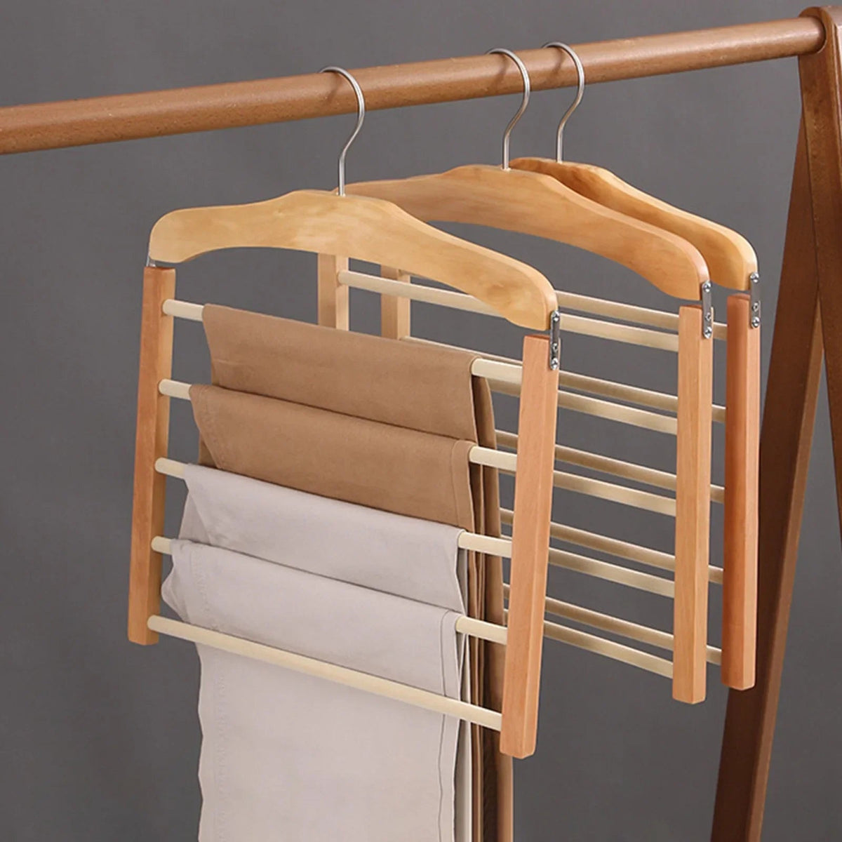 Wooden Multi-Bar Trouser Hanger - Space-Saving, Durable Design 1