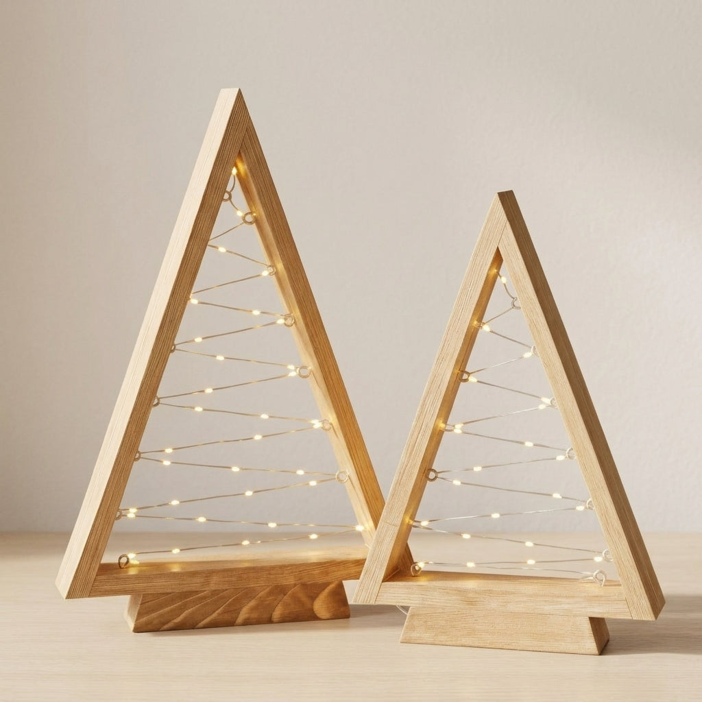 Wooden Triangle Christmas Trees with Golden Fairy Lights 1