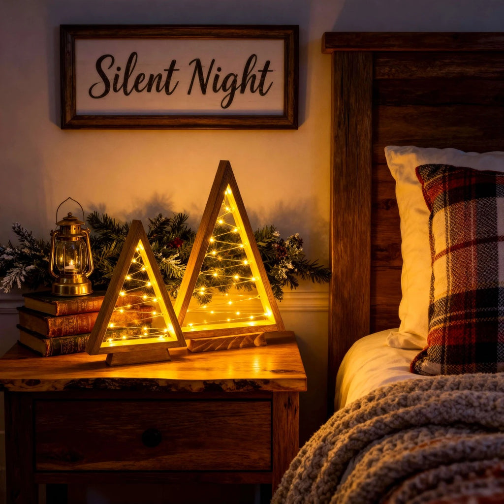 Wooden Triangle Christmas Trees with Golden Fairy Lights 2