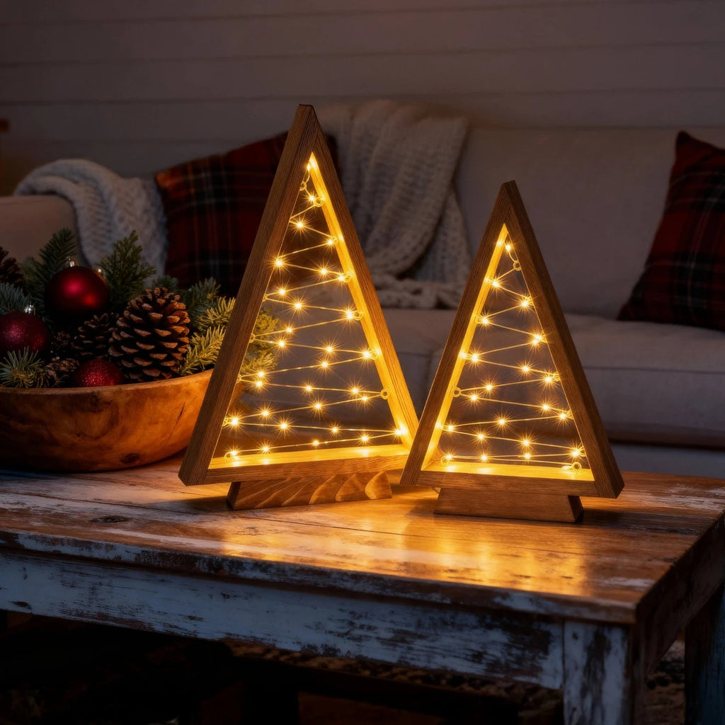 Wooden Triangle Christmas Trees with Golden Fairy Lights 4