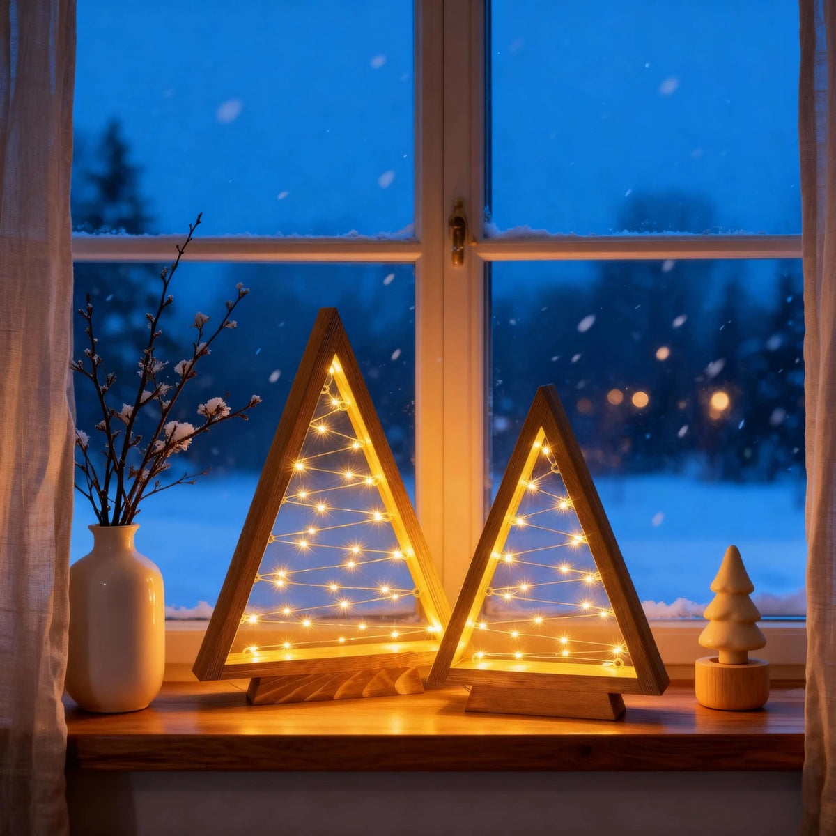 Wooden Triangle Christmas Trees with Golden Fairy Lights 6