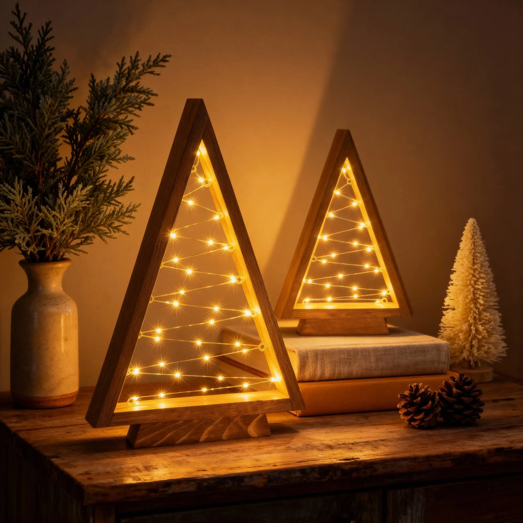 Wooden Triangle Christmas Trees with Golden Fairy Lights 7