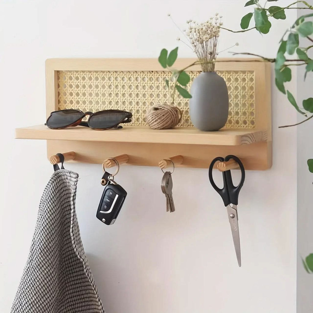 Wooden Wall Shelf - Rustic Design with 4 Hooks for Organized Storage 0