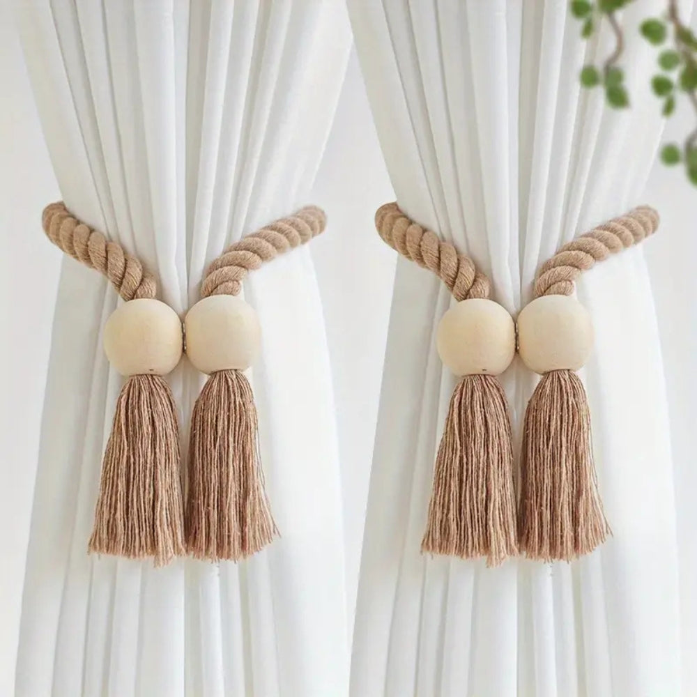 Woven Bead Curtain Tiebacks - Rustic Cotton Holdbacks for Window Decor 0