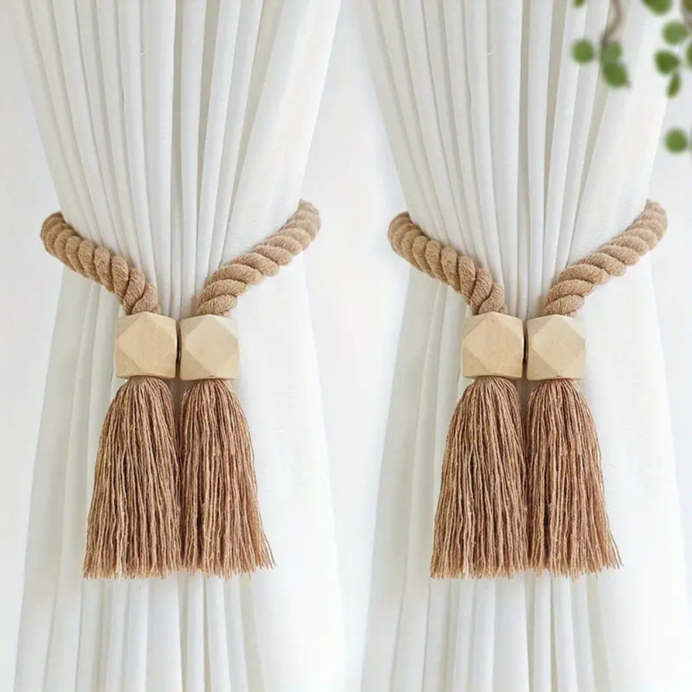Woven Bead Curtain Tiebacks - Rustic Cotton Holdbacks for Window Decor 1