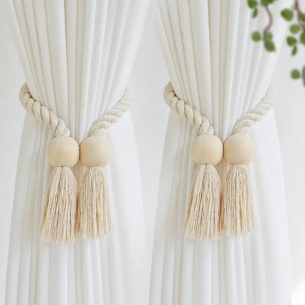 Woven Bead Curtain Tiebacks - Rustic Cotton Holdbacks for Window Decor 2