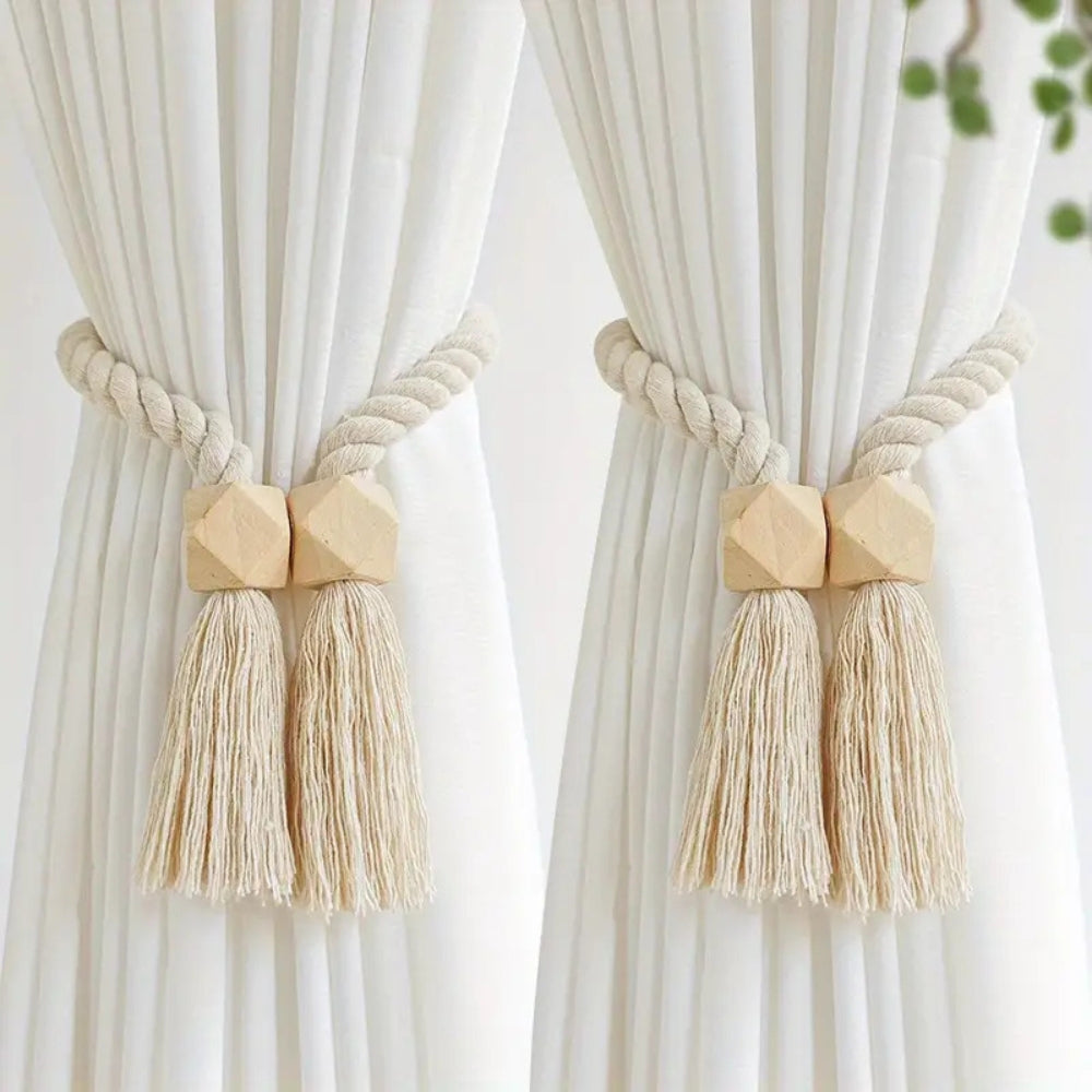Woven Bead Curtain Tiebacks - Rustic Cotton Holdbacks for Window Decor 3
