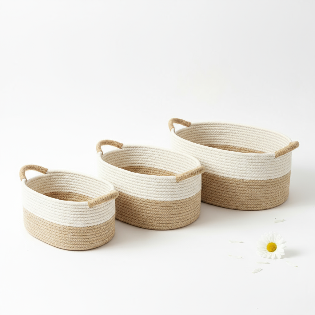 Woven Cotton Storage Basket - Durable, Versatile Organizer in Natural Beige 0