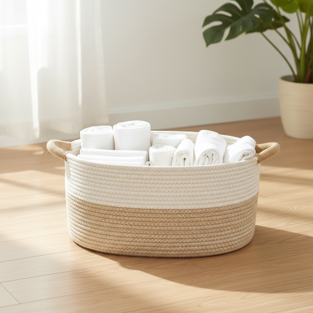 Woven Cotton Storage Basket - Durable, Versatile Organizer in Natural Beige 3