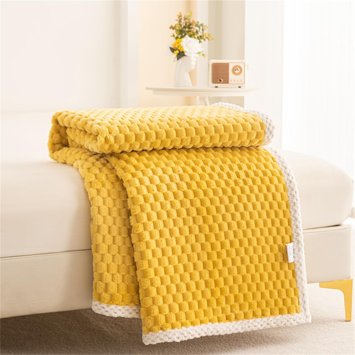 Yellow Plush Throw Blanket with Soft Waffle Weave – Lightweight, Breathable, and Machine Washable for Year-Round Comfort 0