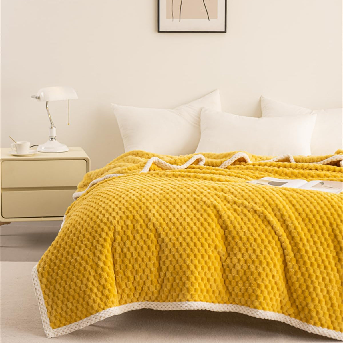Yellow Plush Throw Blanket with Soft Waffle Weave – Lightweight, Breathable, and Machine Washable for Year-Round Comfort 1