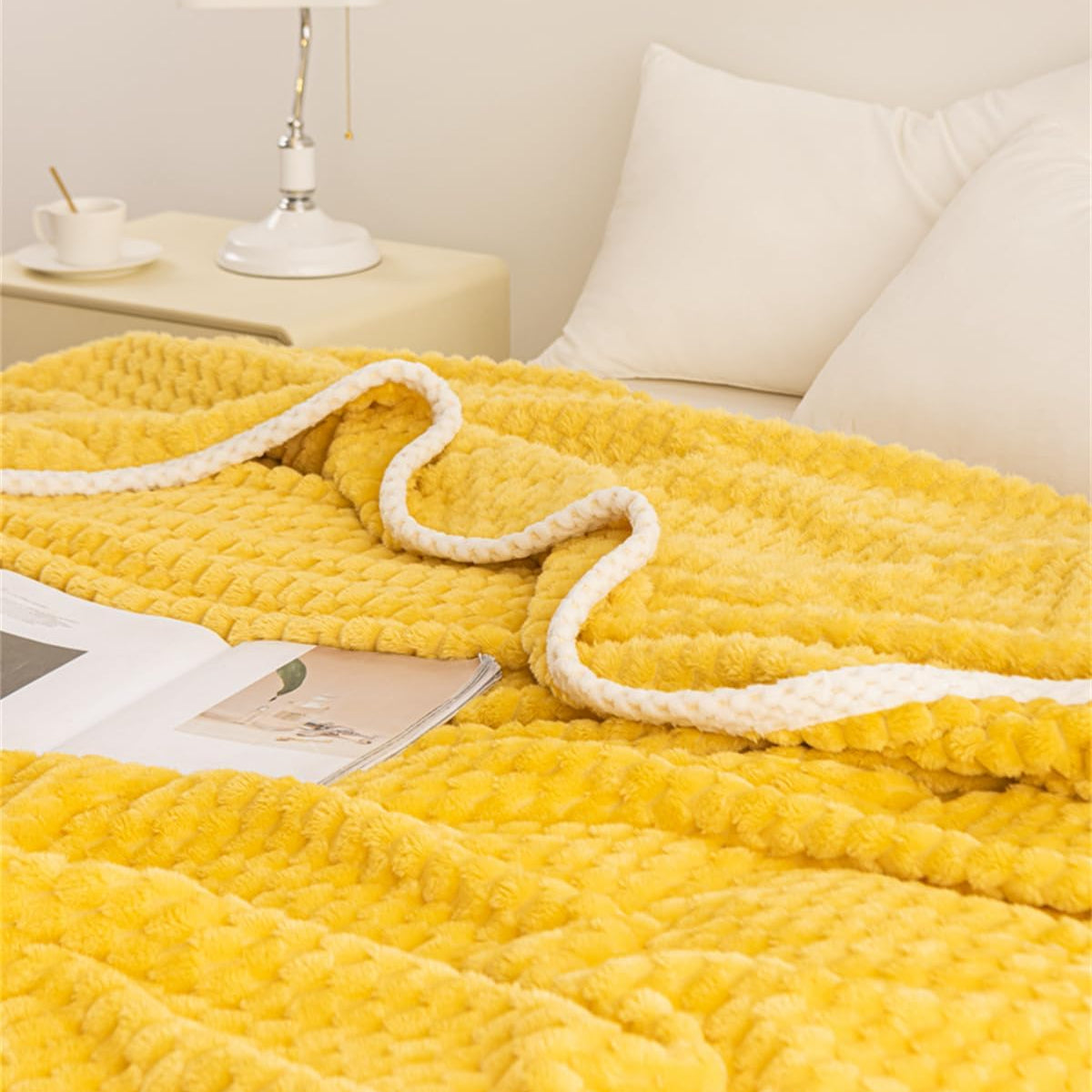 Yellow Plush Throw Blanket with Soft Waffle Weave – Lightweight, Breathable, and Machine Washable for Year-Round Comfort 2