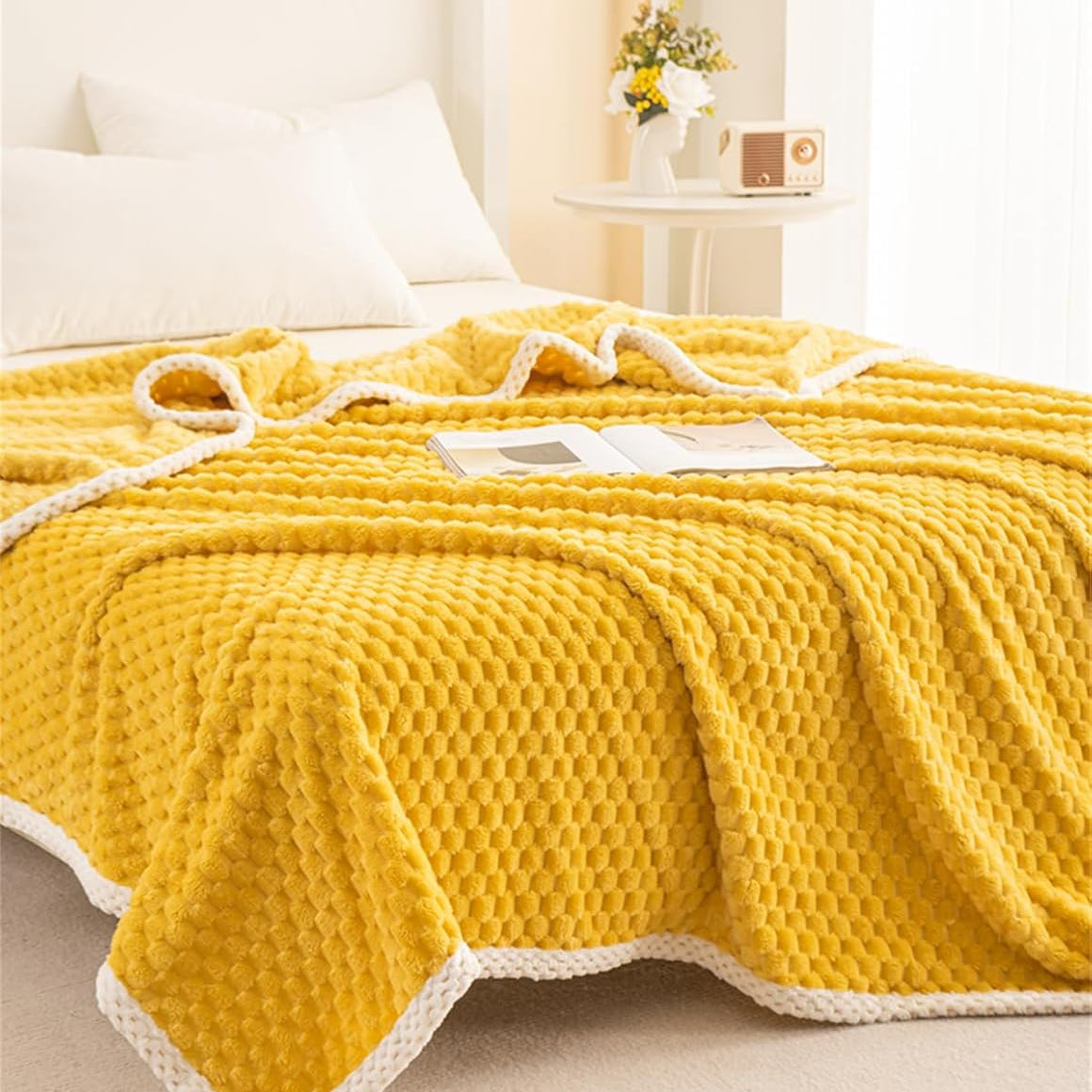 Yellow Plush Throw Blanket with Soft Waffle Weave – Lightweight, Breathable, and Machine Washable for Year-Round Comfort 3