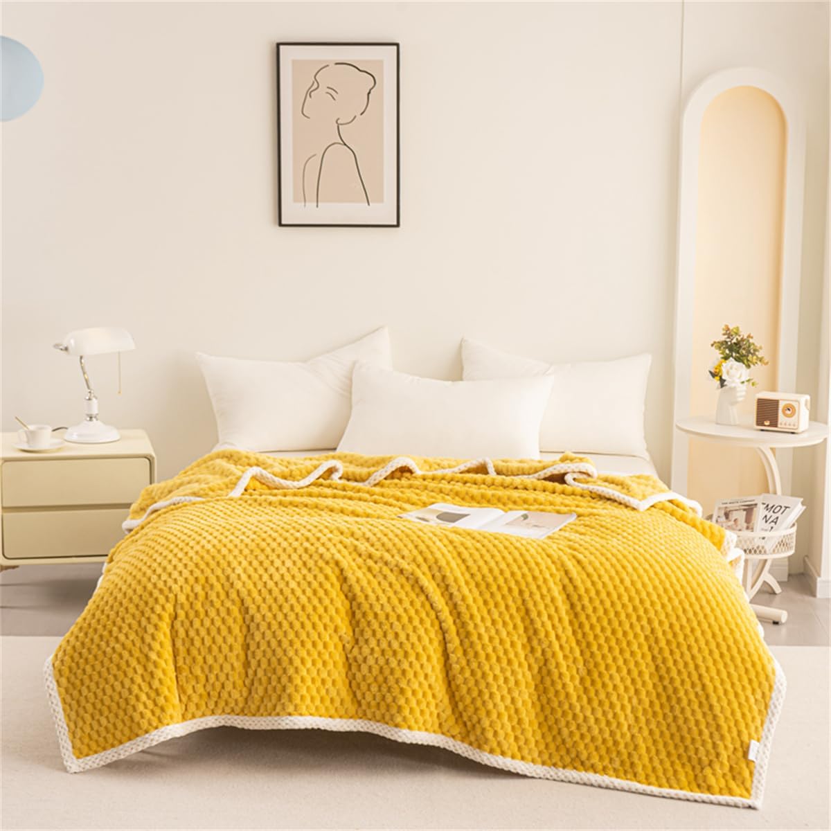 Yellow Plush Throw Blanket with Soft Waffle Weave – Lightweight, Breathable, and Machine Washable for Year-Round Comfort 7