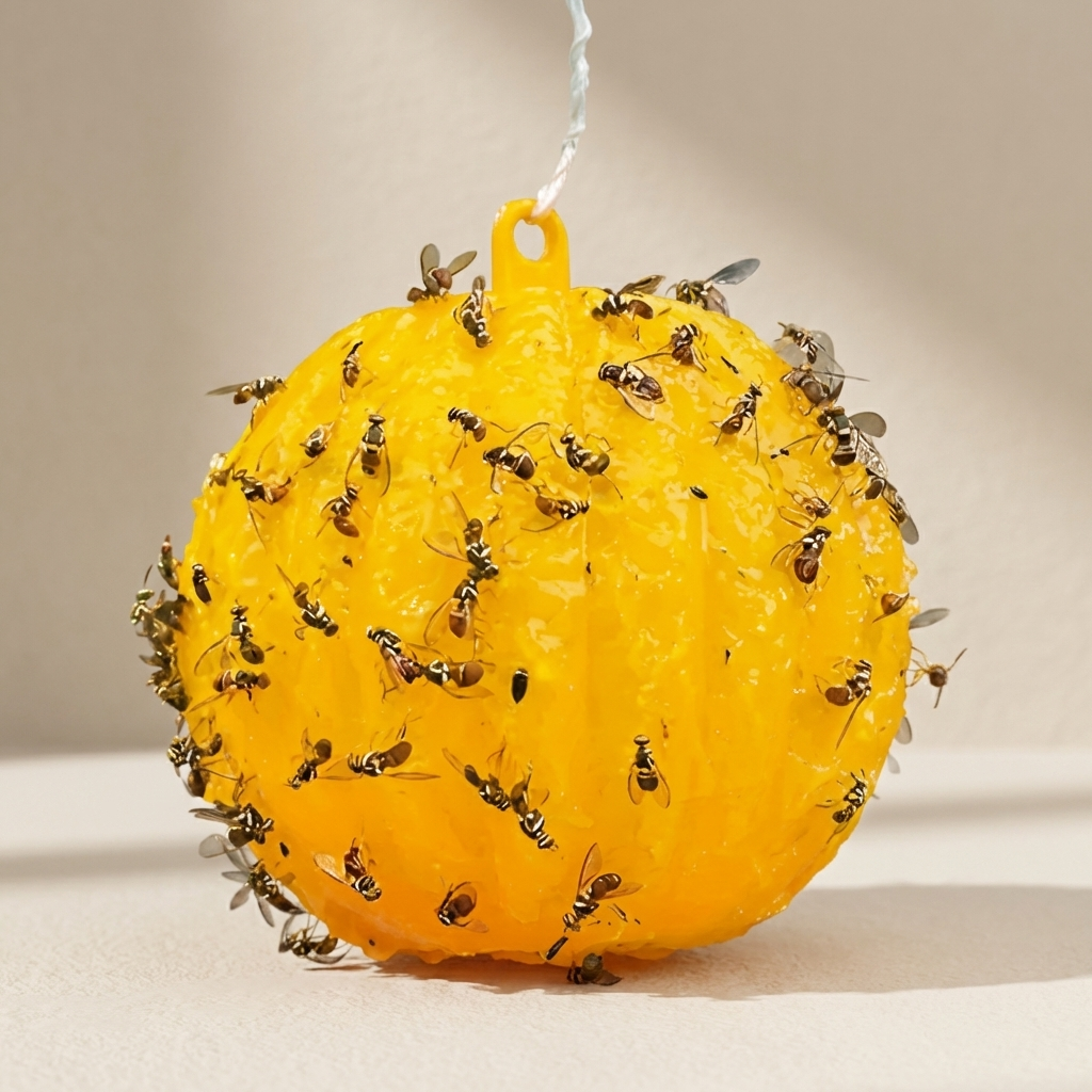 Yellow spherical object with small yellow creatures on a neutral background