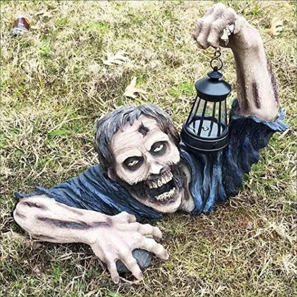 Zombie Garden Statue - LED Lantern Outdoor Sculpture for Spooky Decor 0