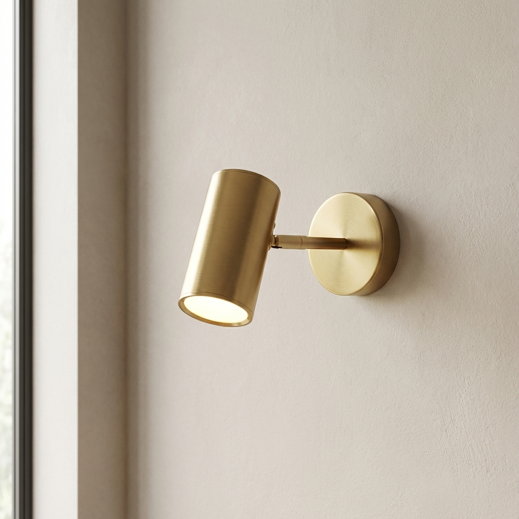 Gold wall-mounted light fixture on a neutral wall.