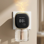 Digital display wall-mounted device with a glass container on a beige background