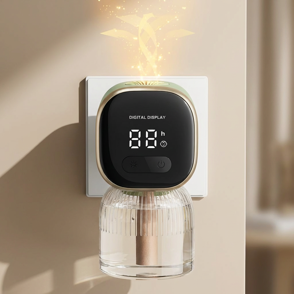 Digital display wall-mounted device with a glass container on a beige background