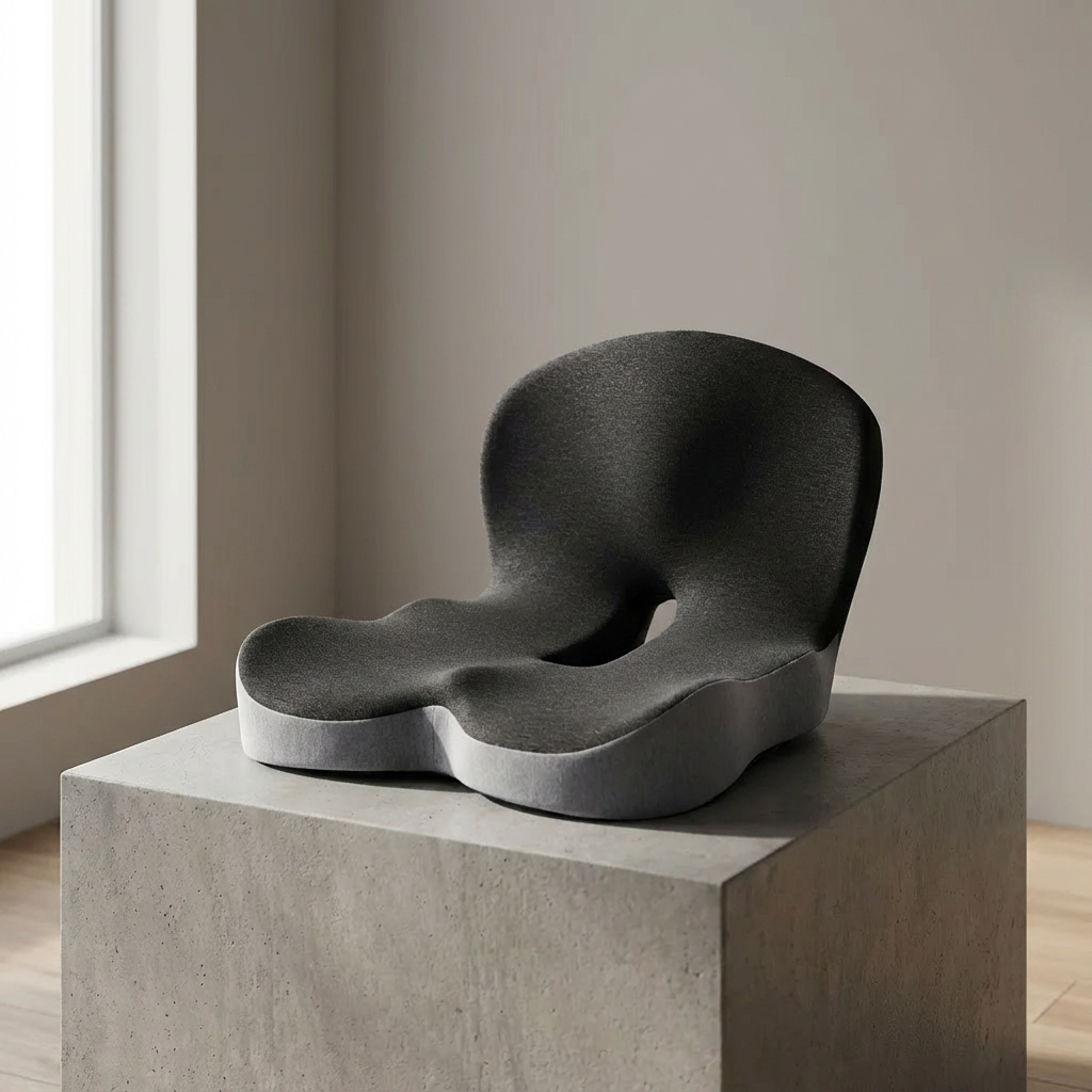 Modern black chair on a concrete platform with a neutral background