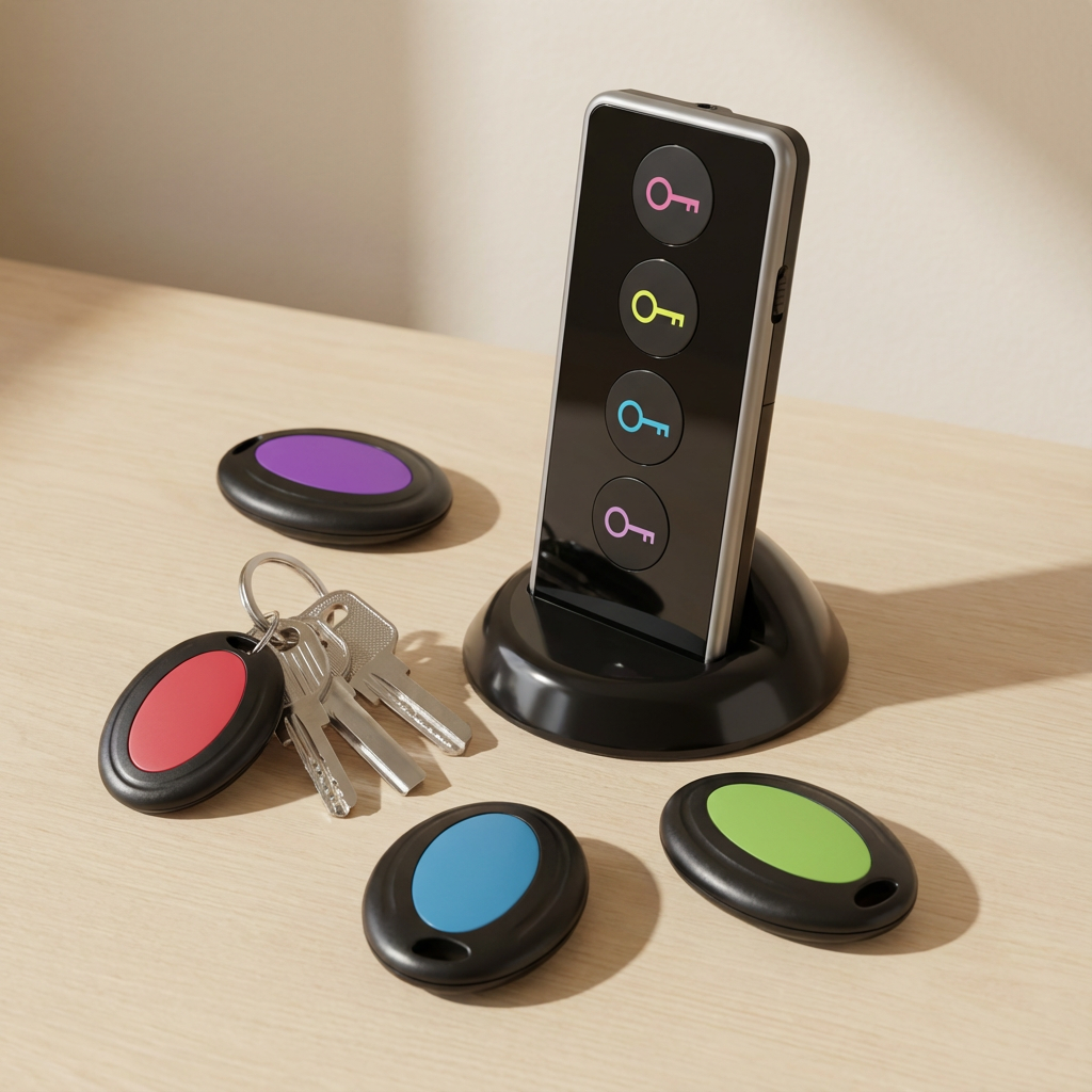 Keyless entry system with remote control and key fobs on a wooden surface