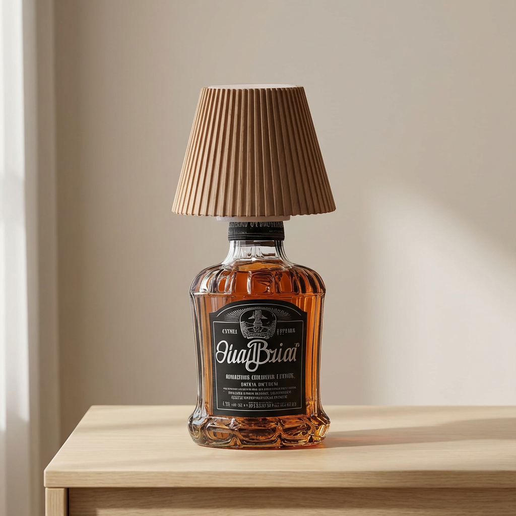 Blantbell whiskey bottle repurposed as a lamp with a pleated brown shade on a wooden surface.