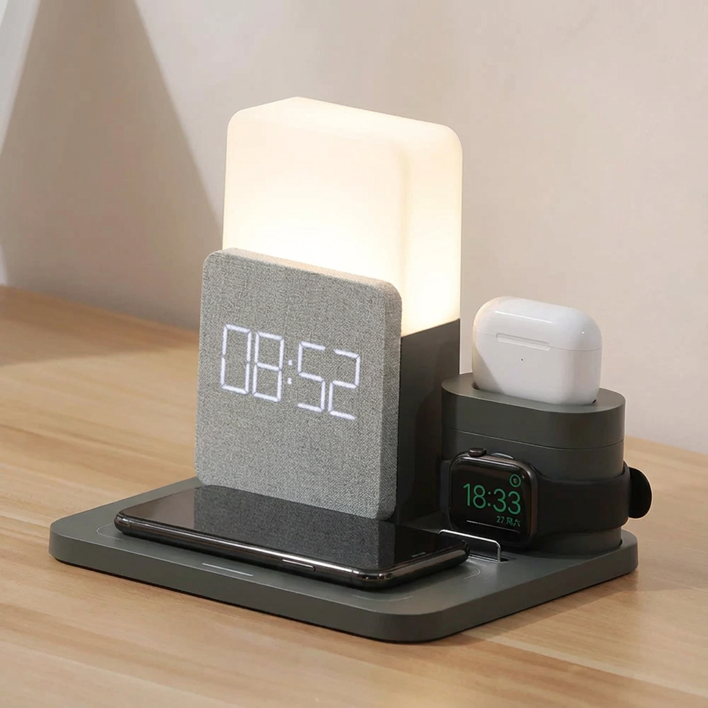 Multifunctional charging station with clock, phone, watch, and airpods on a wooden surface.