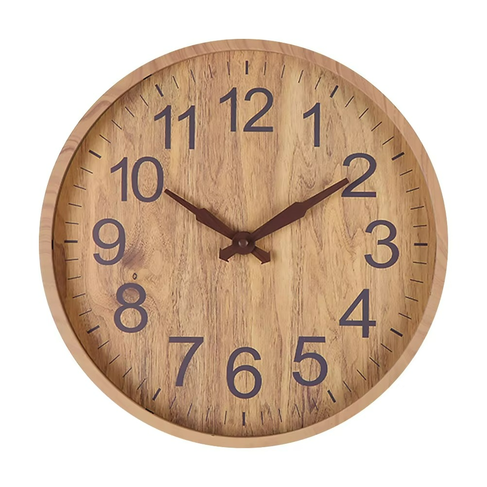 Wooden wall clock with brown finish and black numbers on a white background