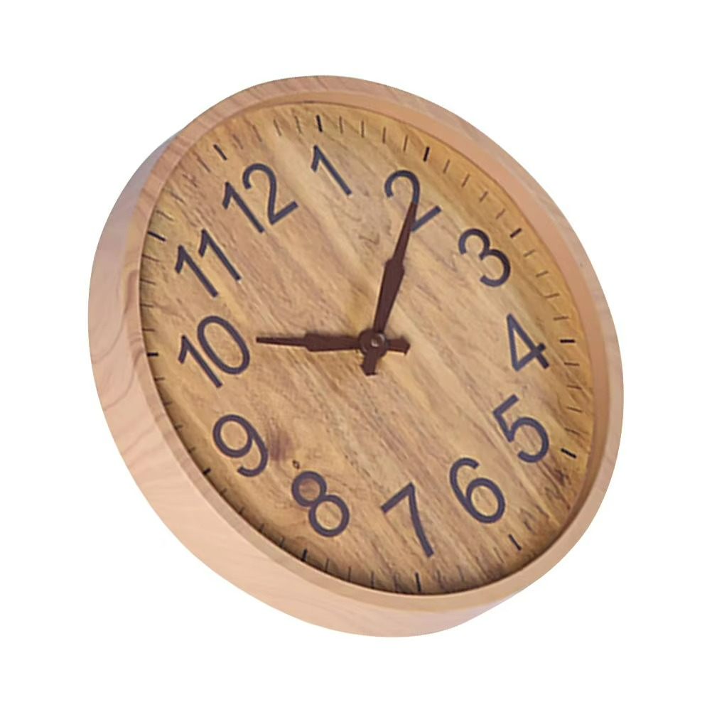 Wooden wall clock with black numbers on a white background