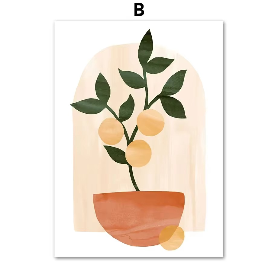 Illustration of a potted plant with green leaves and yellow fruits on a beige background