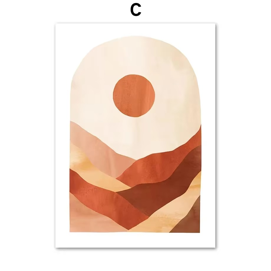 Abstract art print with a stylized sun and wavy lines in warm colors on a white background.