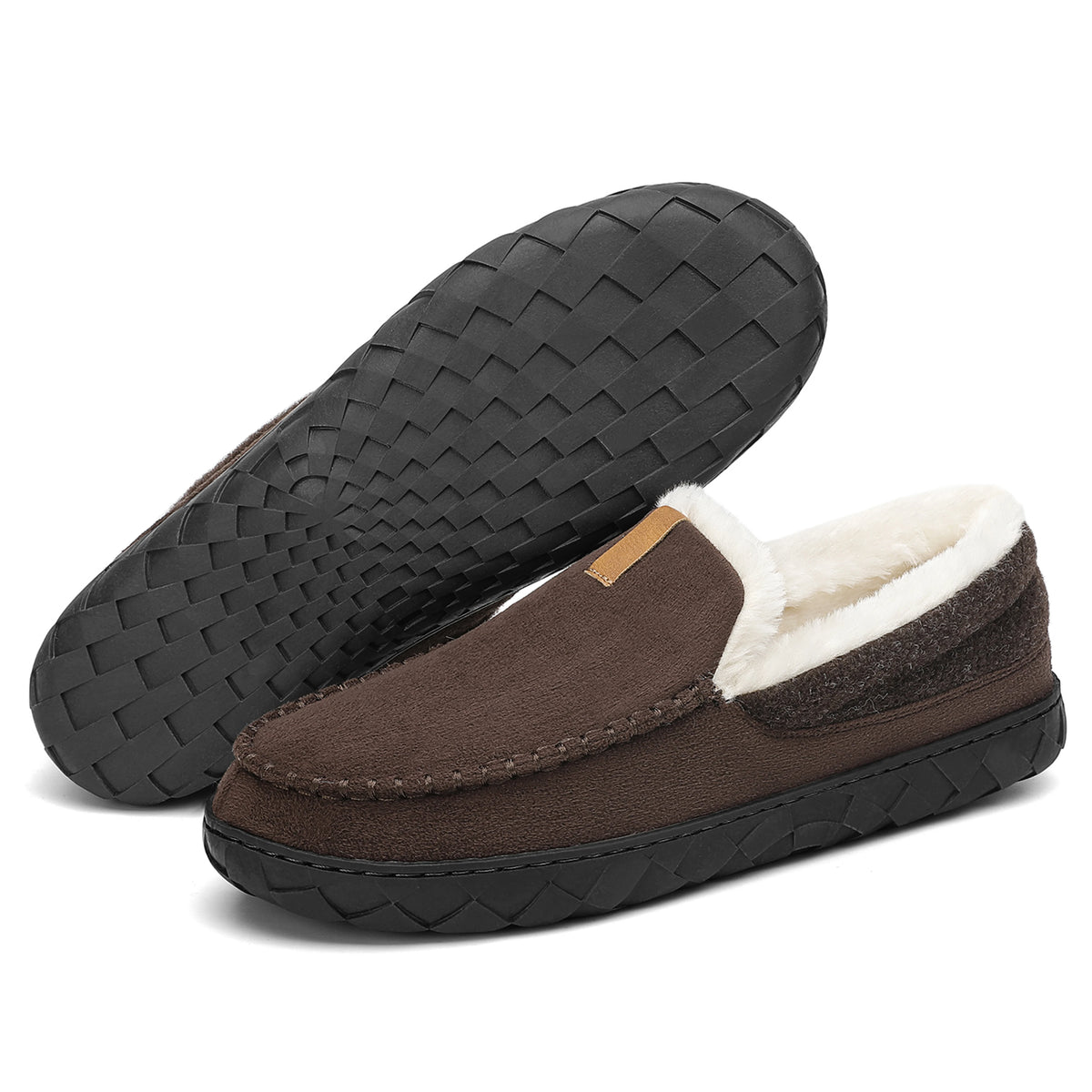 Brown slippers with white lining on a white background