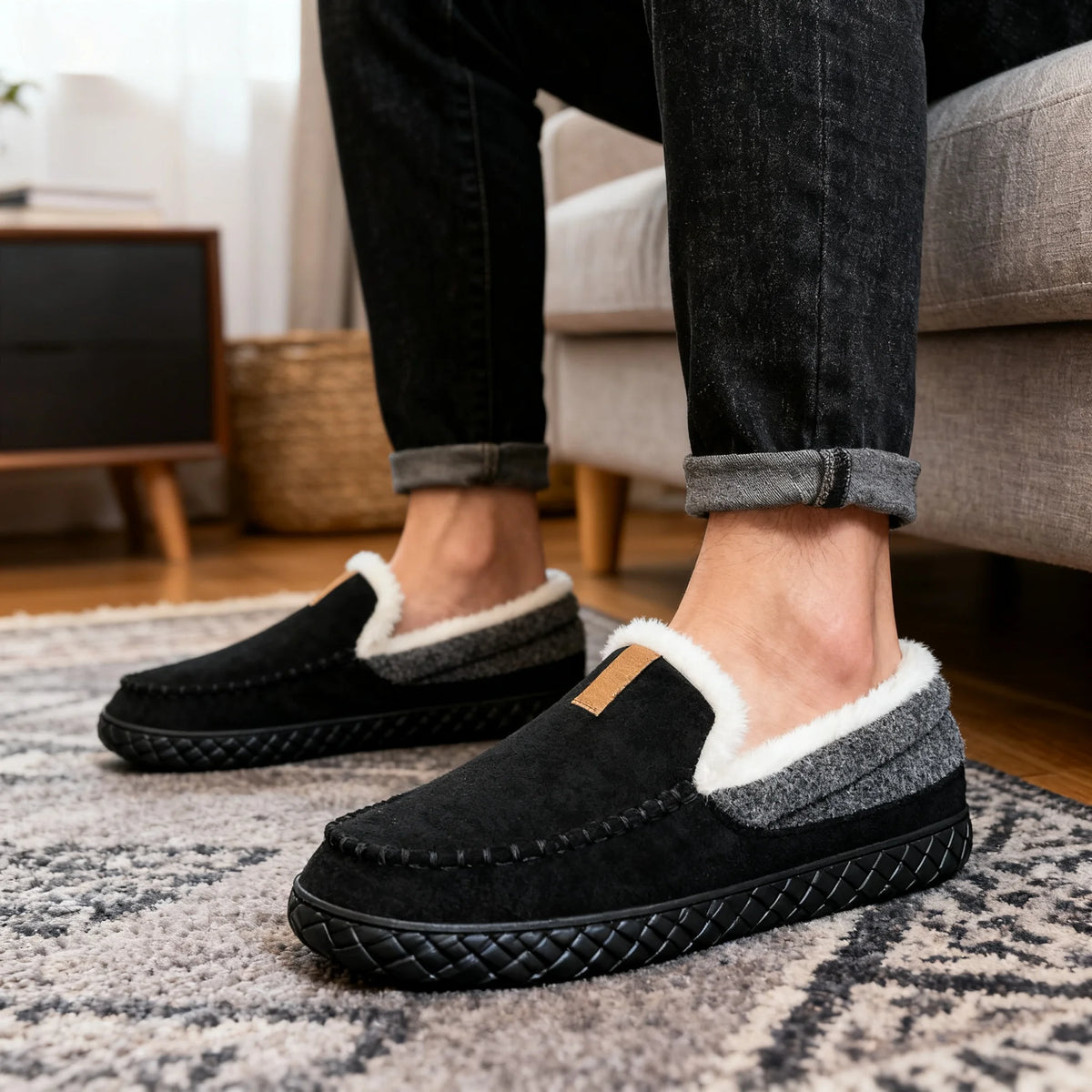 Black slippers with white fur lining worn indoors on a patterned rug.