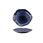 Blue ceramic plate with dimensions and weight information on a white background