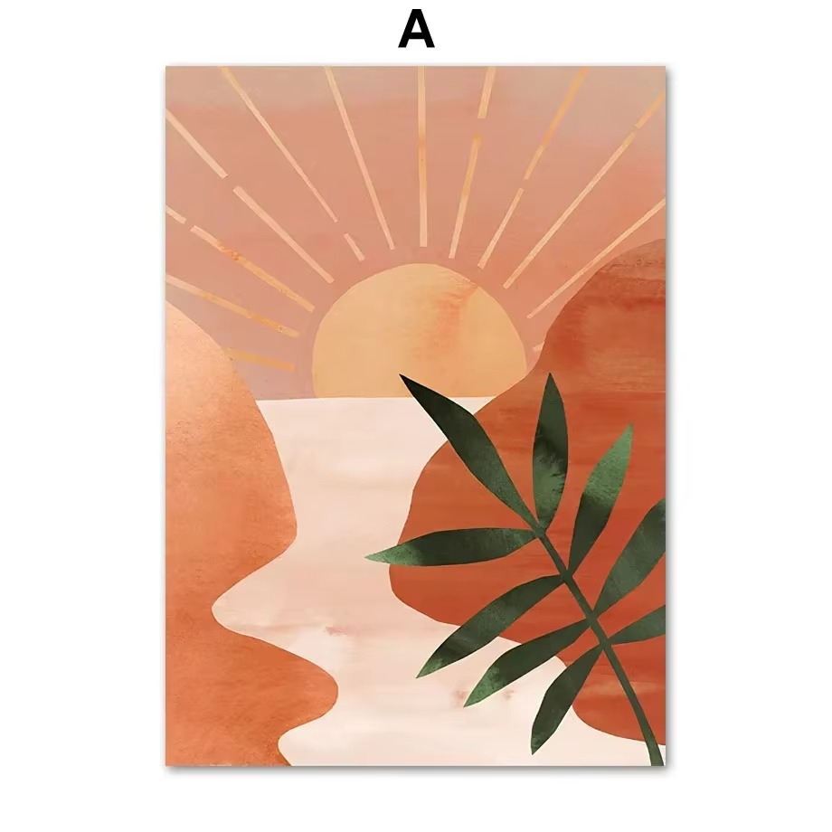 Artistic depiction of a face with a sun and leaves on an orange background
