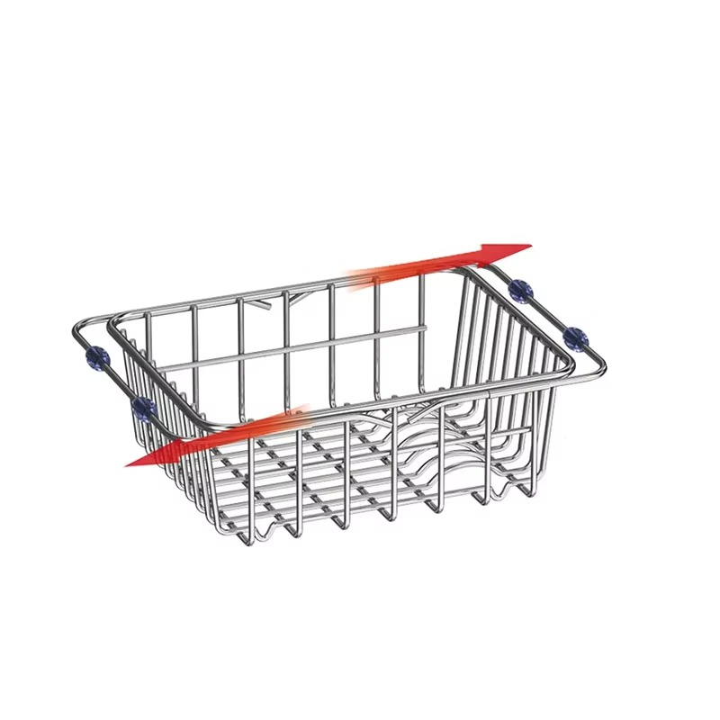 Adjustable metal basket with dimensions on a white background
