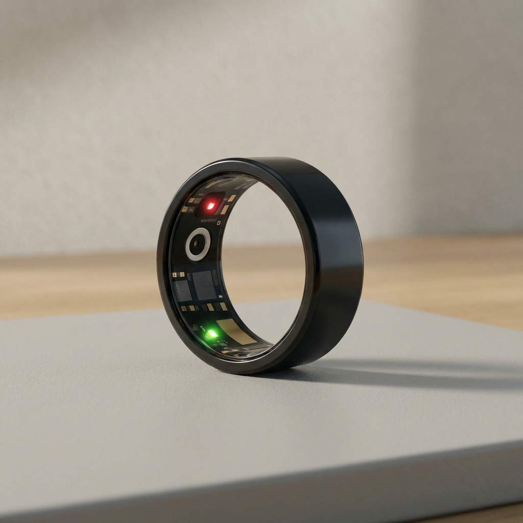 Smart ring with electronic components on a neutral background