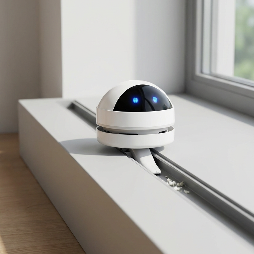 White robot-like device with blue lights on a windowsill