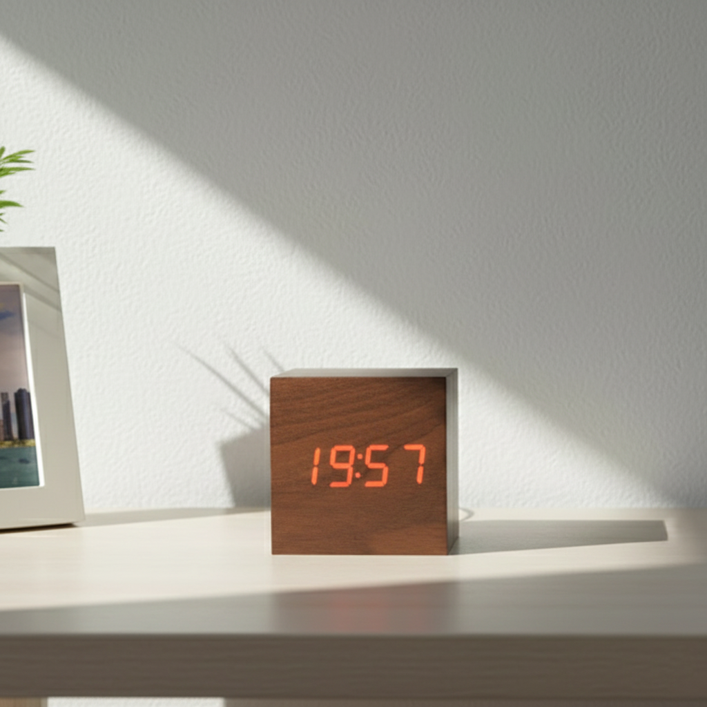 Wooden digital clock with red LED display on a white surface