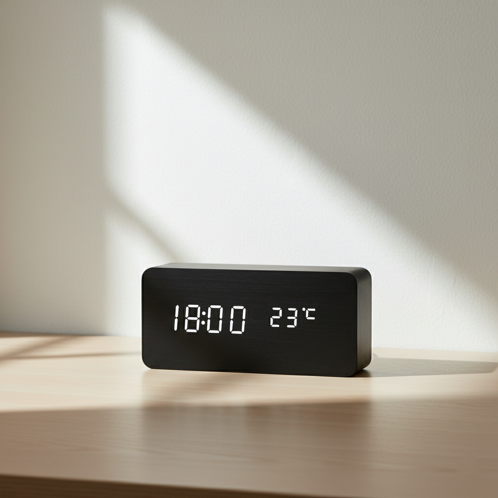 Black digital clock displaying time and temperature on a wooden surface with light shadows.