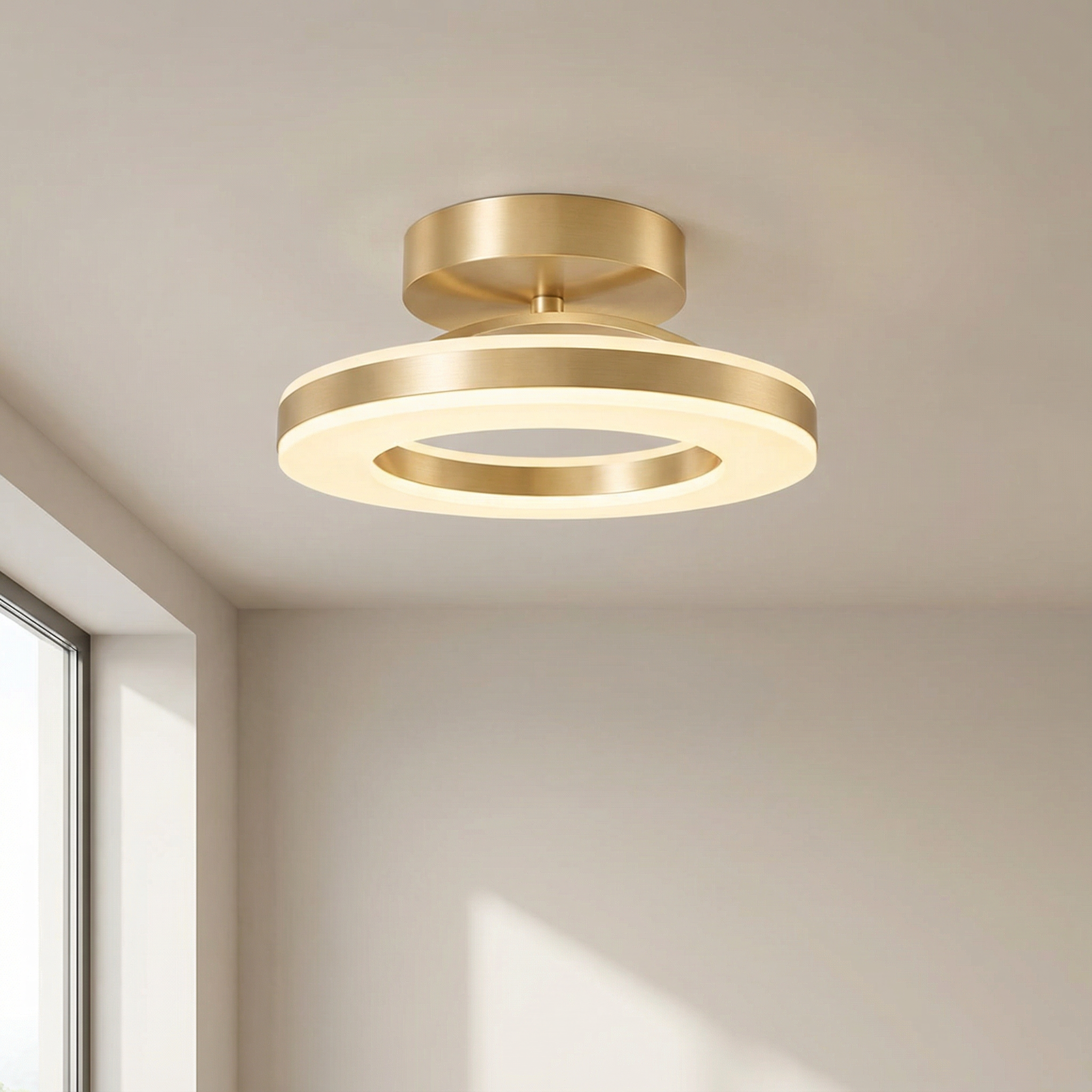 Gold ceiling light fixture on a neutral ceiling