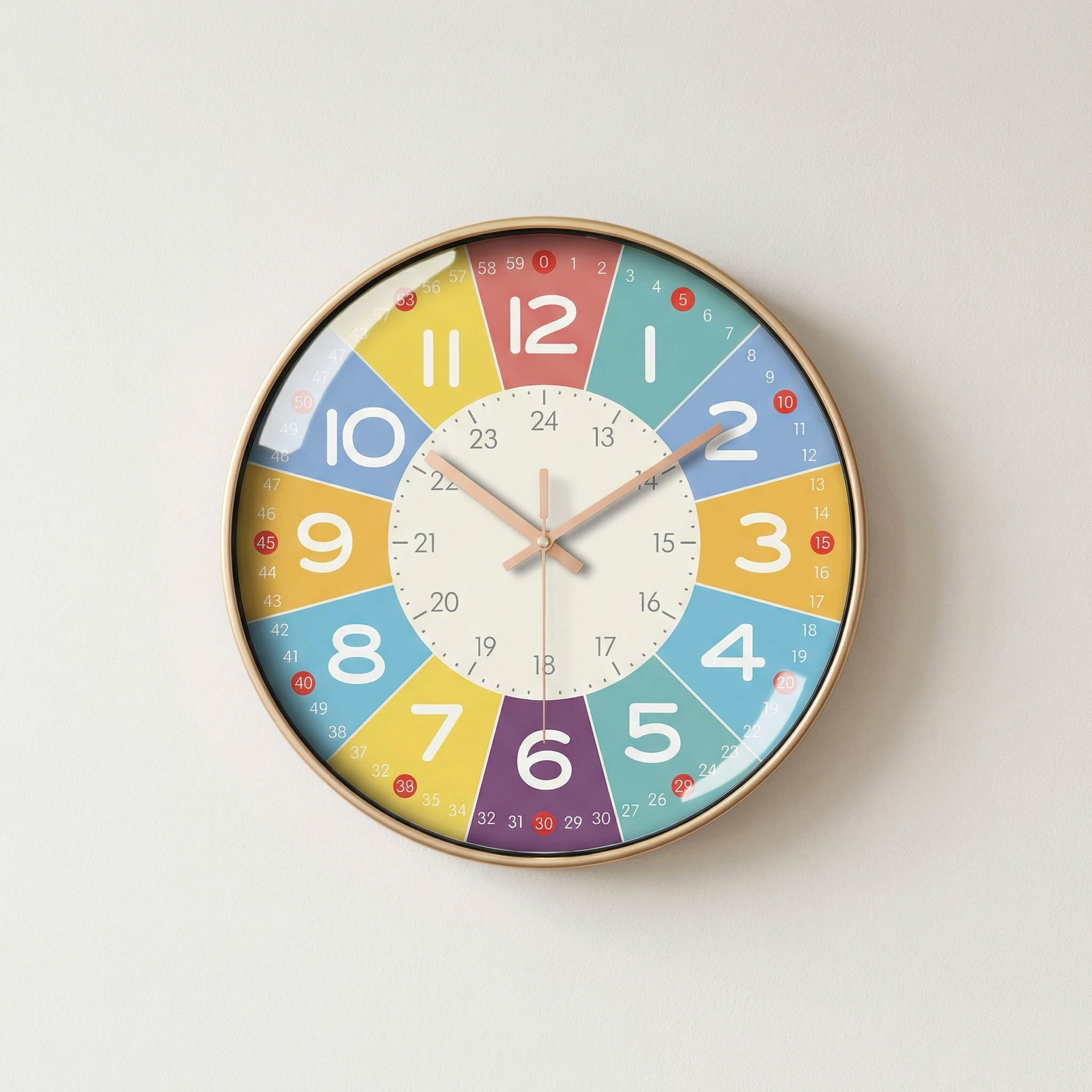 Colorful wall clock with a white face on a light gray background