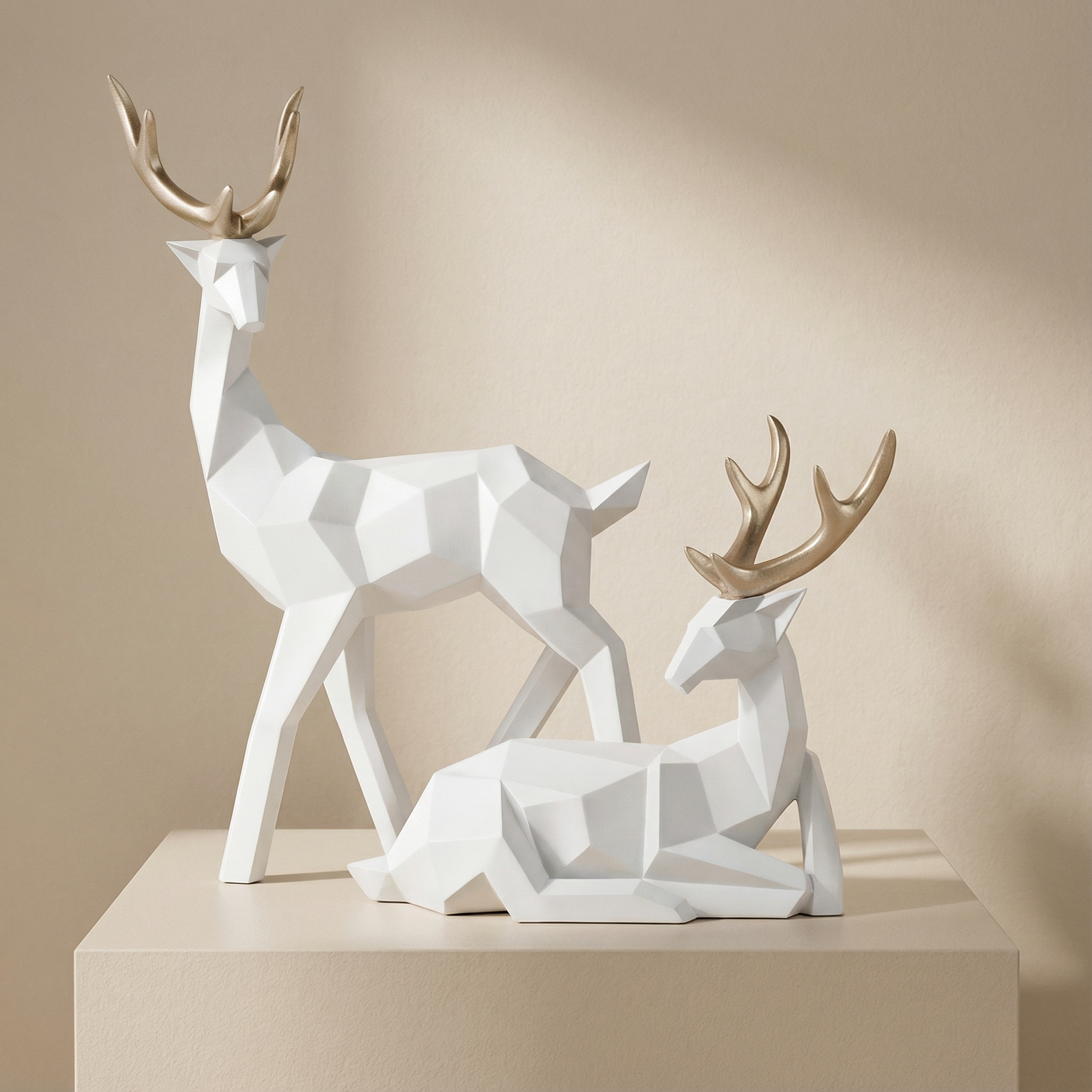 Geometric deer sculptures on a beige background
