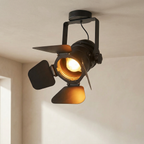Ceiling light fixture with a vintage design on a neutral wall.
