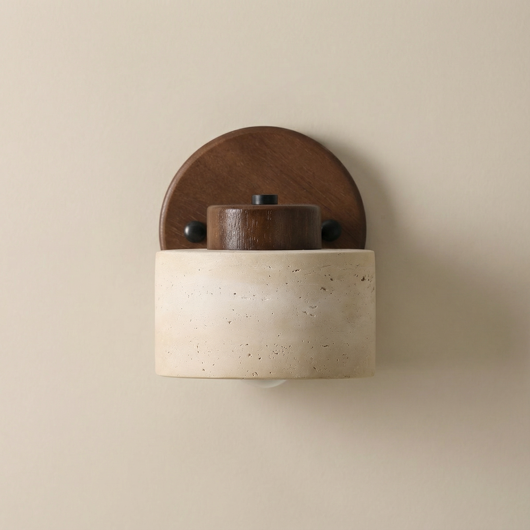 Wall-mounted light fixture with wooden top and beige base on a beige wall.