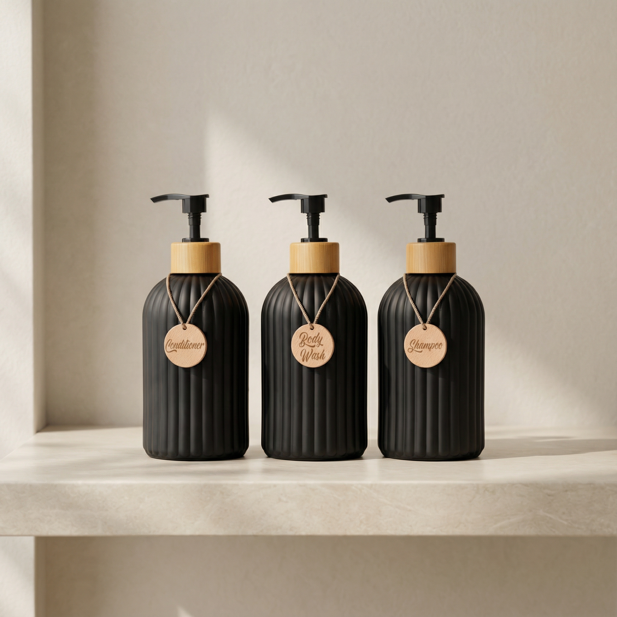 Three black soap dispensers with wooden pumps on a beige shelf.