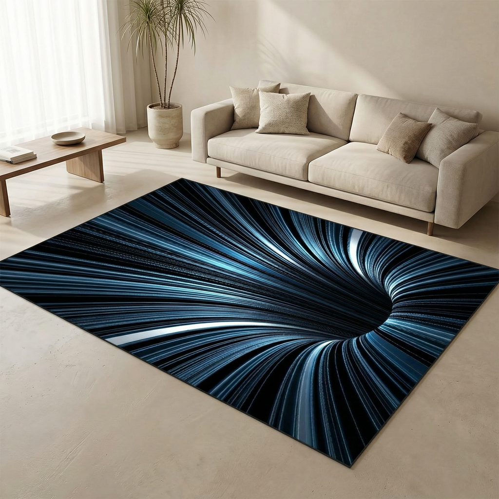Blue and black abstract rug on a beige floor with a beige sofa and wooden coffee table in the background.