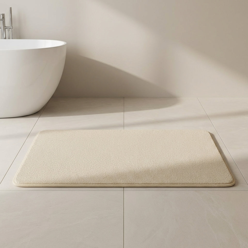 Beige bath mat on a tiled bathroom floor with a white sink in the background.