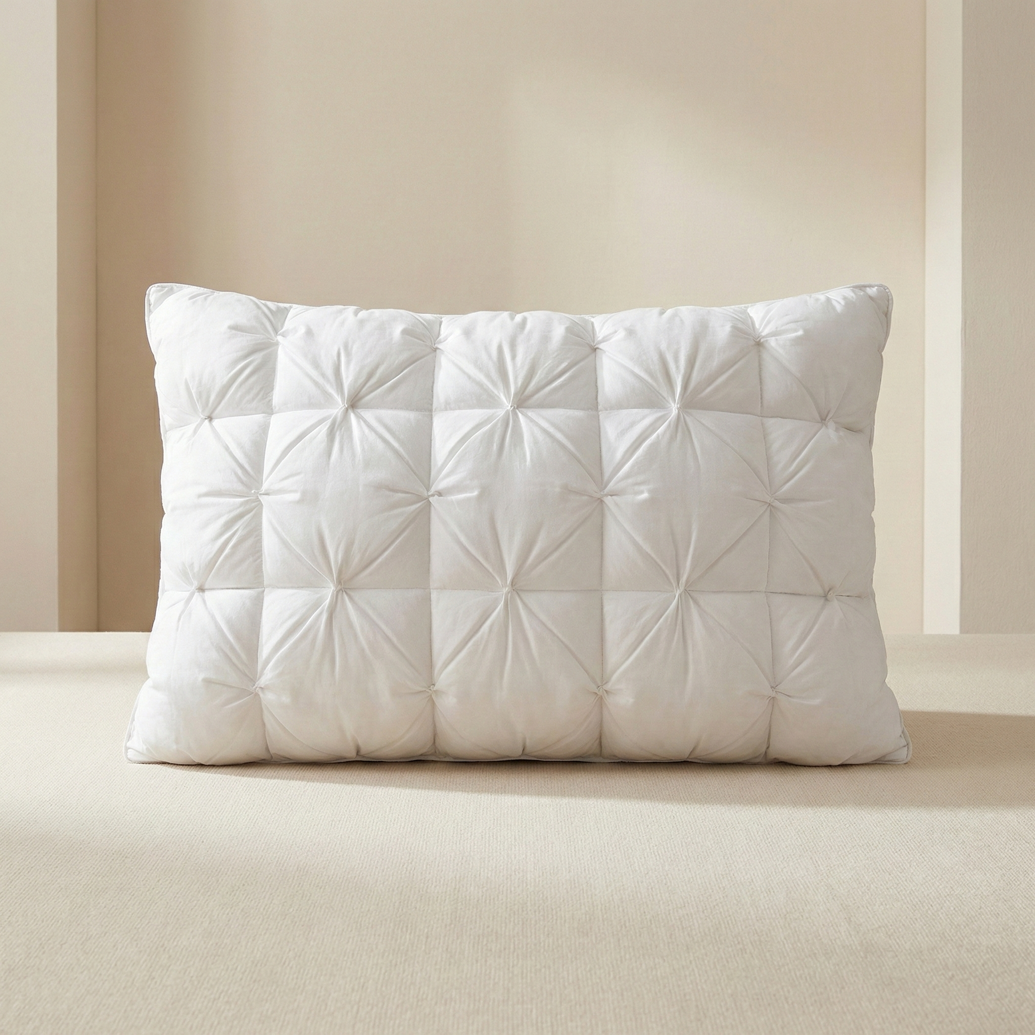 White quilted pillow on a beige bed